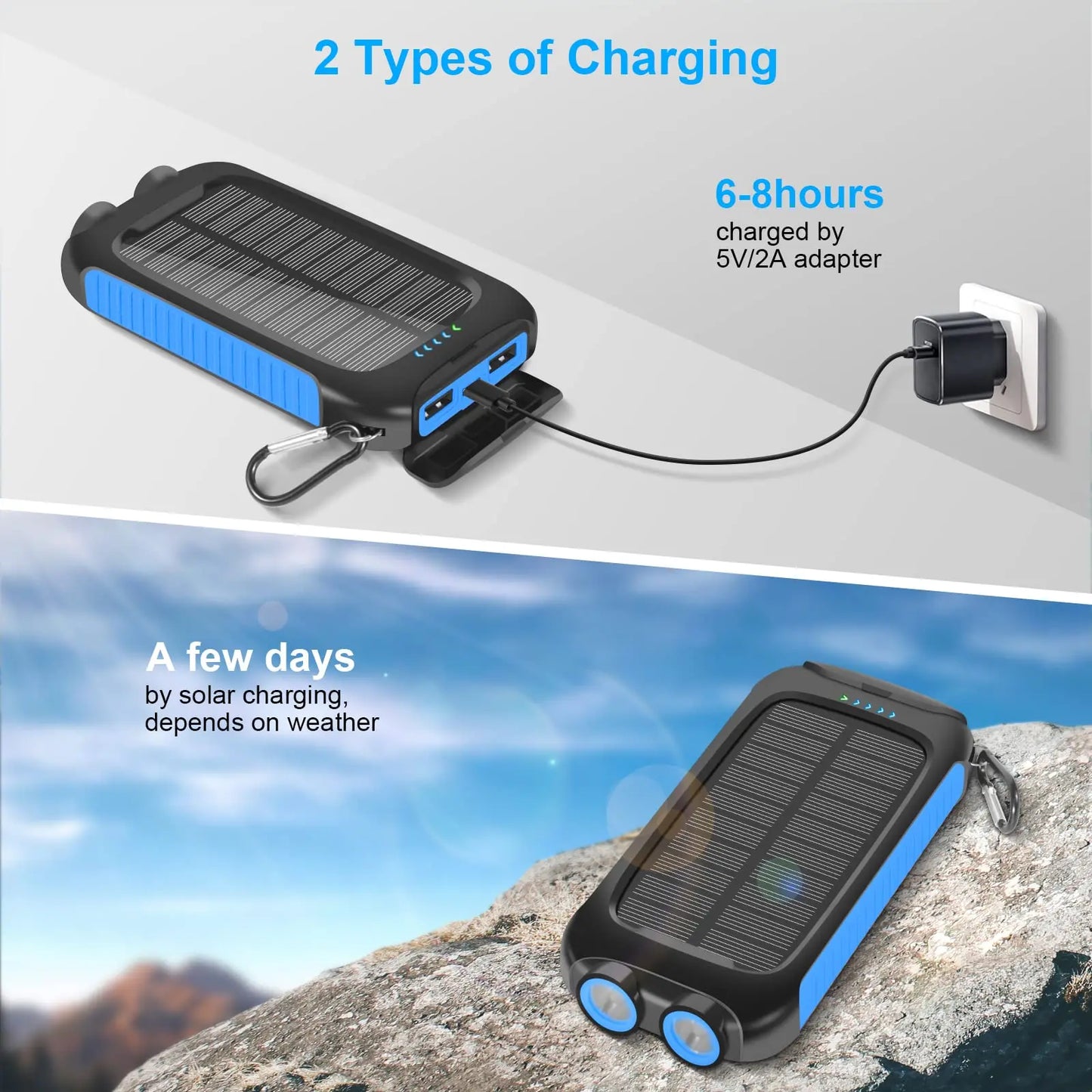 10000mAh Solar Power Bank Portable Waterproof Fast Charge Dual USB Outdoor Charger LED Light for Camping Hiking Travel