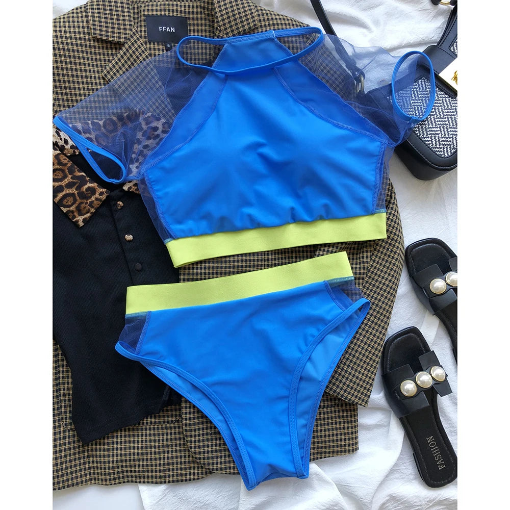 Vigorshely High waist Swimwear Women Sexy Mesh Hollow Bikini 2025 Push up Swimsuit Female Brazilian Bikini Set Bathing Suit Swim