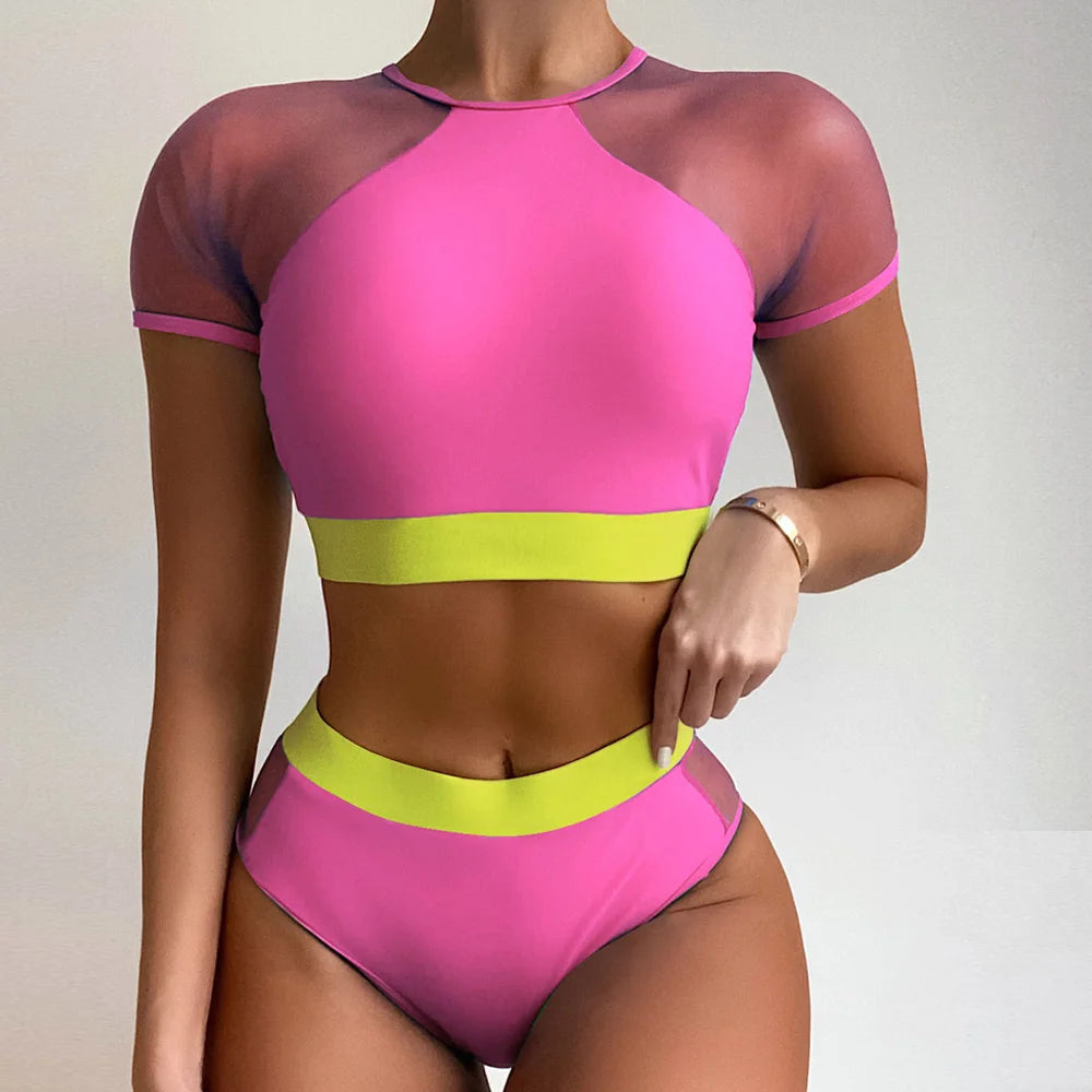 Vigorshely High waist Swimwear Women Sexy Mesh Hollow Bikini 2025 Push up Swimsuit Female Brazilian Bikini Set Bathing Suit Swim