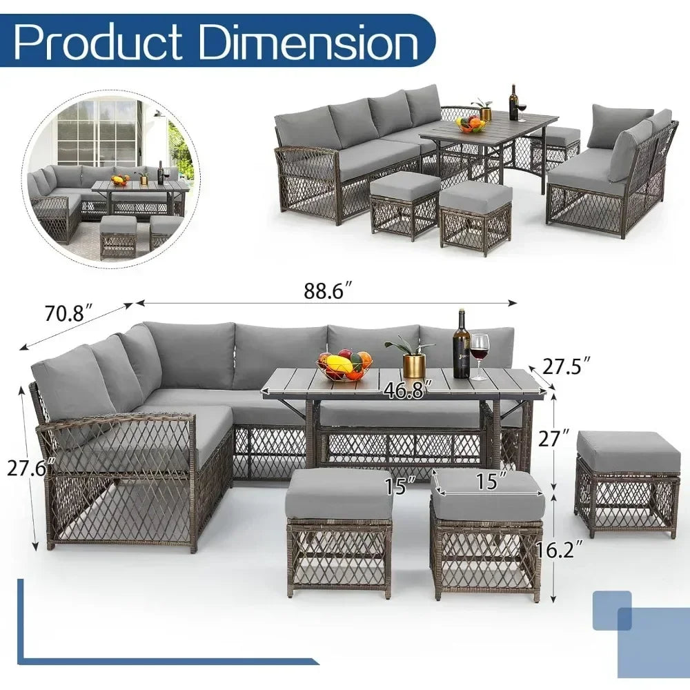 Patio Furniture Set, 7 Pieces Wicker Outdoor Sectional Sofa with High Table and Chairs, Dining Set with Ottoman for Garden