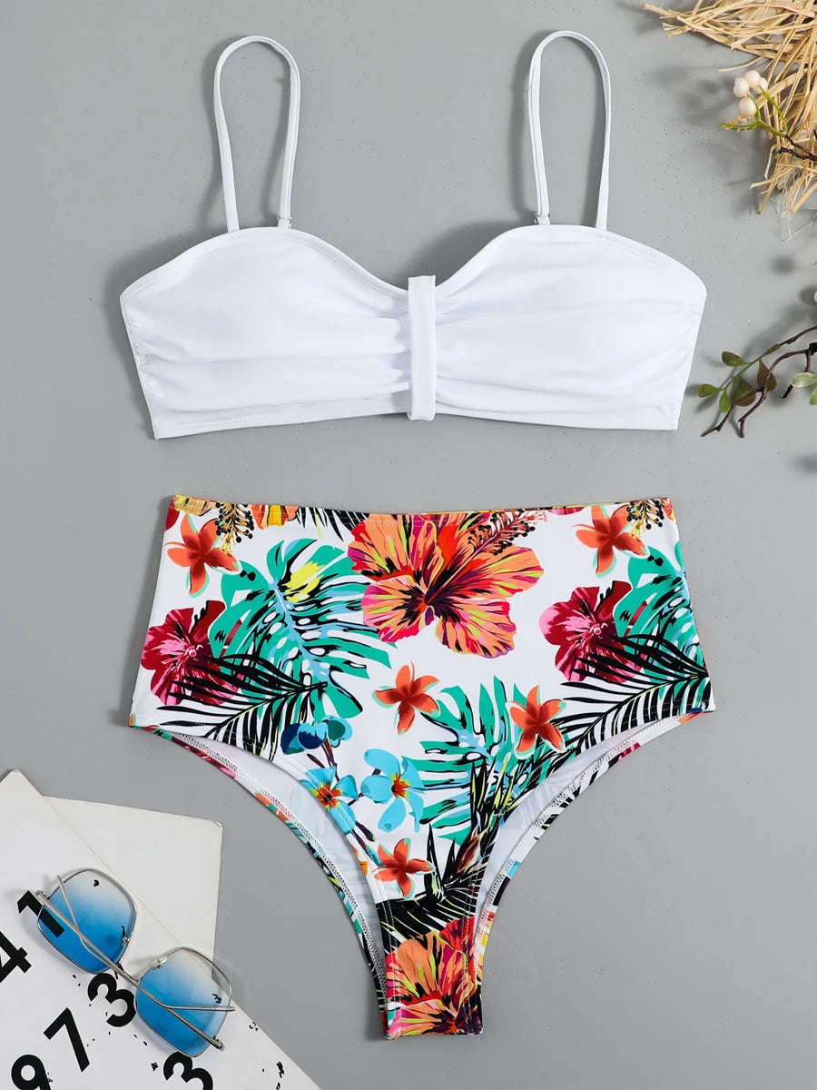 Sexy Solid Bandeau Bikini Set Women Tropical Printed Swimwear Female Push Up Swimsuit High Waist Bathing Suit Tie Back Beachwear