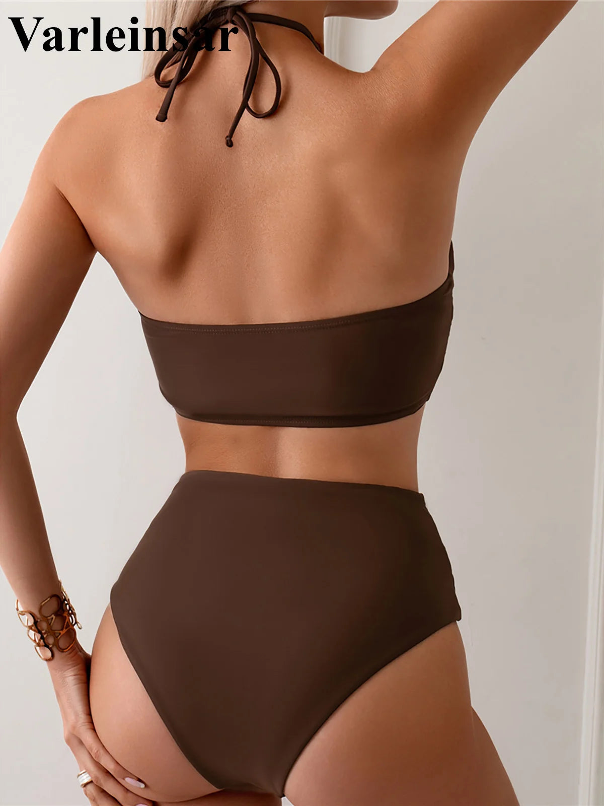 Halter Wrinkled High Neck Female Swimsuit High Waist Bikini Women Swimwear Two-pieces Bikini set Bather Bathing Suit Swim V5616