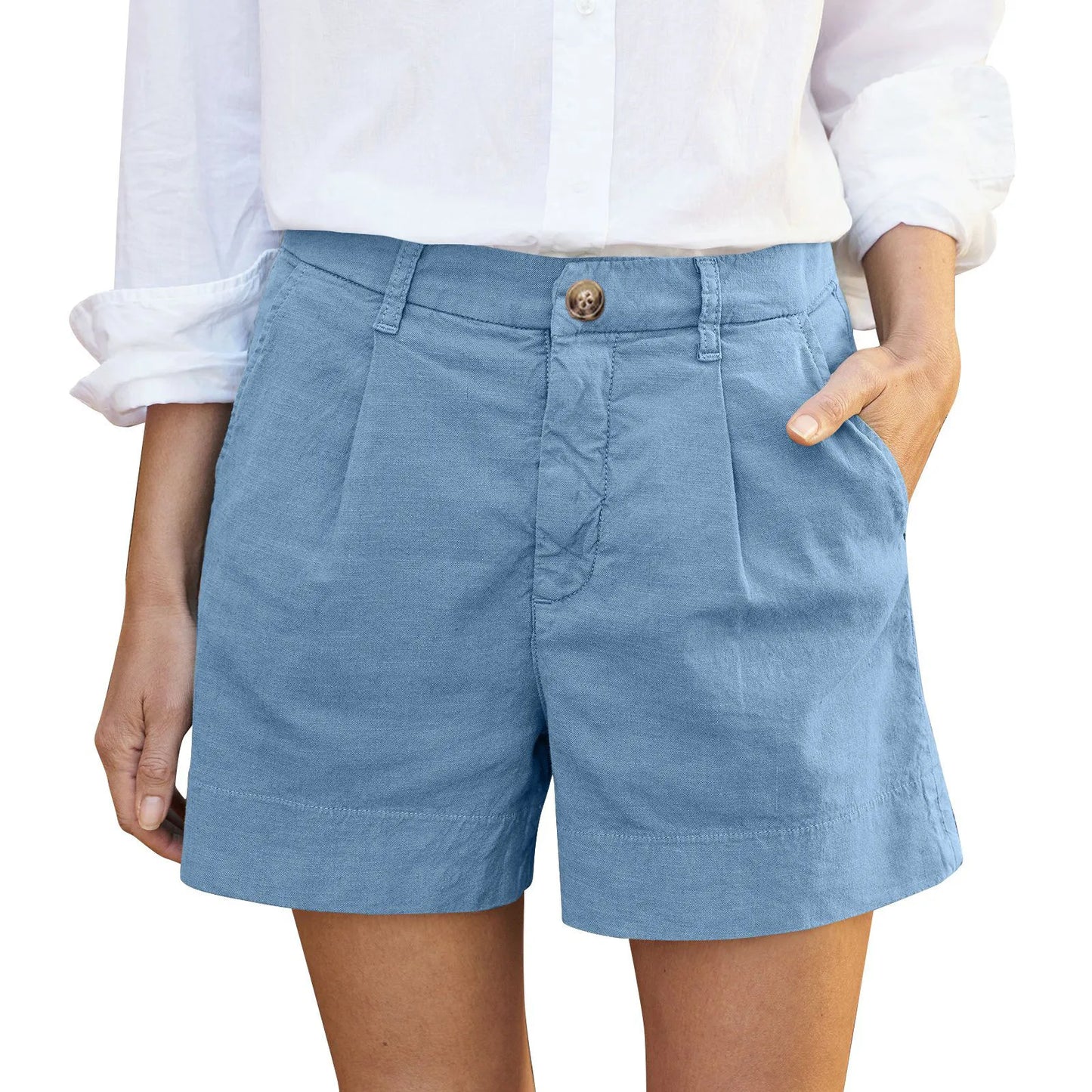 Solid Color Regular Zipper And Button High Waist Soft Stretch Twill Short Side Pockets Shorts Fashion Versatile Outdoor Pants