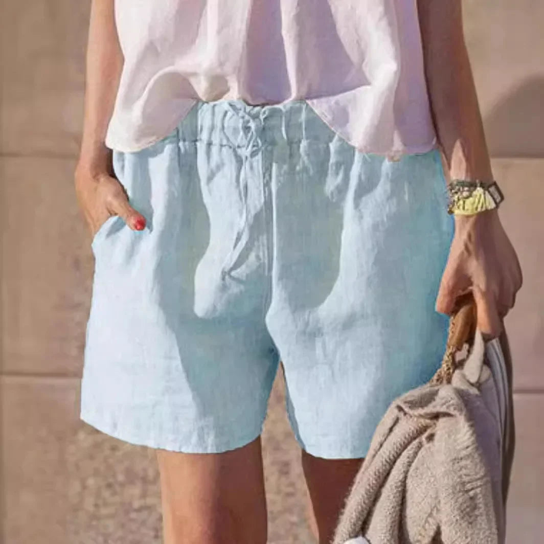 Casual Cotton Linen Loose Women's Shorts Belted Pure Color Elastic Waist Comfortable Fit Summer Fashion Female Pants