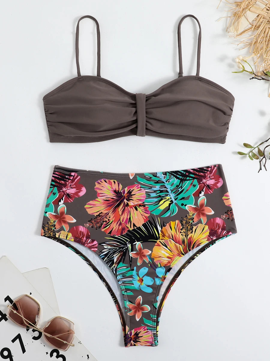Sexy Solid Bandeau Bikini Set Women Tropical Printed Swimwear Female Push Up Swimsuit High Waist Bathing Suit Tie Back Beachwear