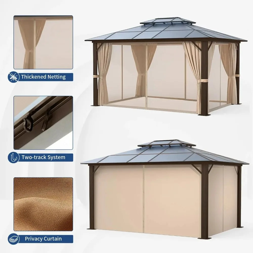 Gazebo, 12'x16' Hardtop Outdoor Polycarbonate Double Roof Canopy, Aluminum Frame Permanent Pavilion, Lawns, Gazebo