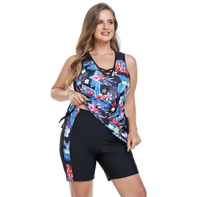 Plus Size Swimsuits Two Piece Women Tankini Floral Print Athletic Bathing Suits Tummy Control Modest Swimwear with Boyshort