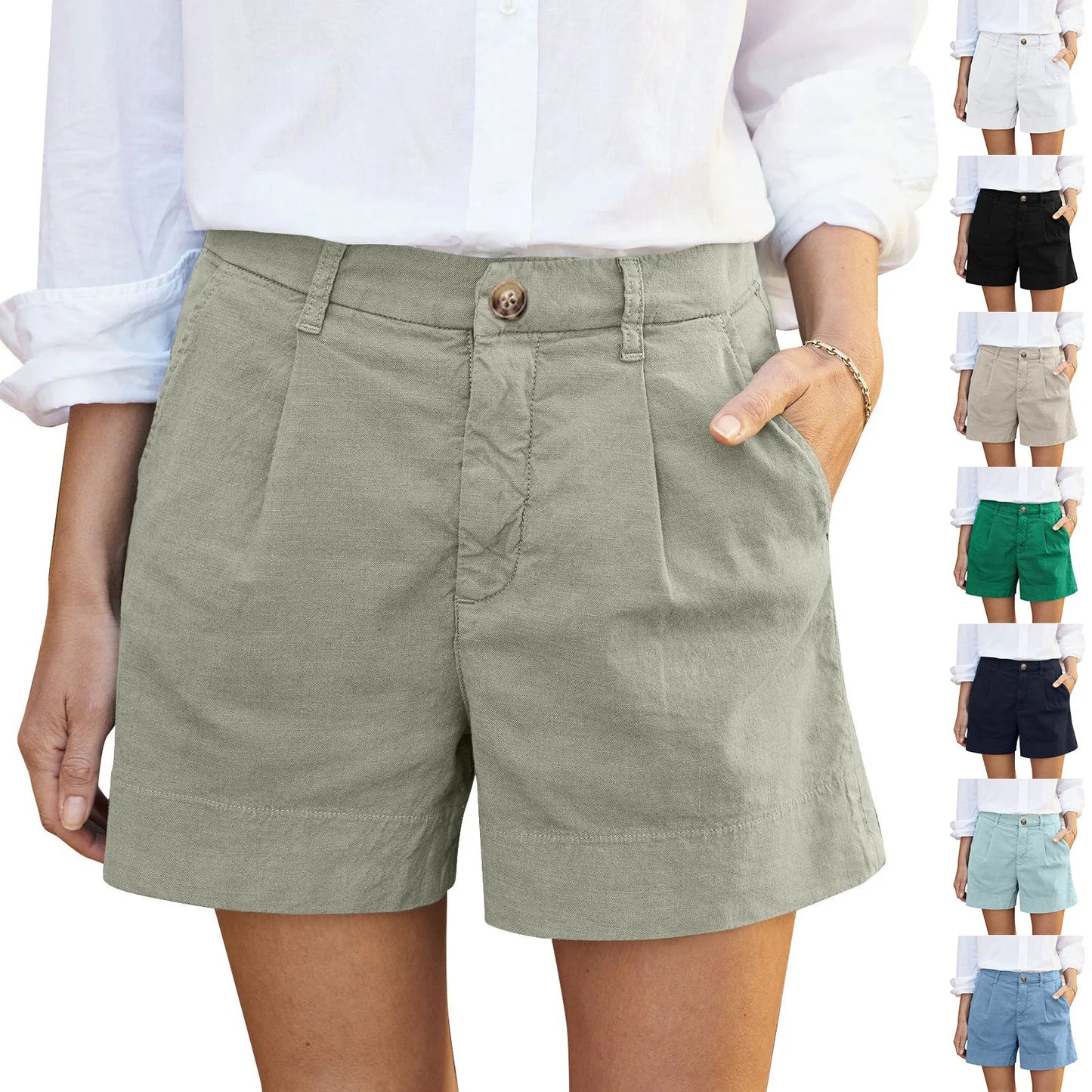 Solid Color Regular Zipper And Button High Waist Soft Stretch Twill Short Side Pockets Shorts Fashion Versatile Outdoor Pants