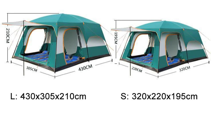 430/380/320cm Camping Tent 5-8-12 Person 3 Sizes Two-bedroom Tent Oversize Leisure Double-plies Rainproof Outdoor Family Tents