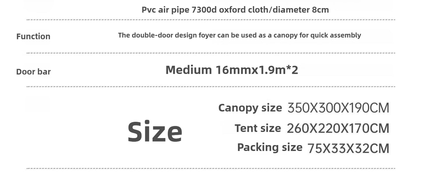 2-5 Person Outdoor Camping Inflatable Tent Waterproof Family Awning Beach Tent Quick Open Tent Picnic Park Anti-UV Shade