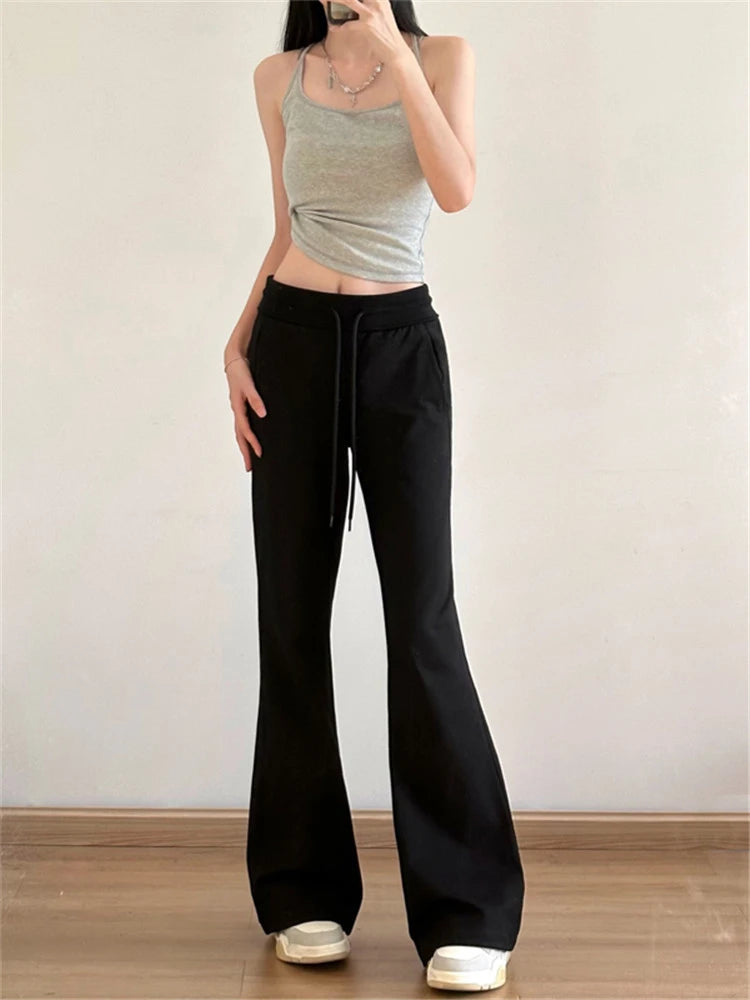 Autumn Winter Sweatpants Low-waisted Trousers Black Grey Drawstring Flare Pants Streetwear High Quality Women Long Pants