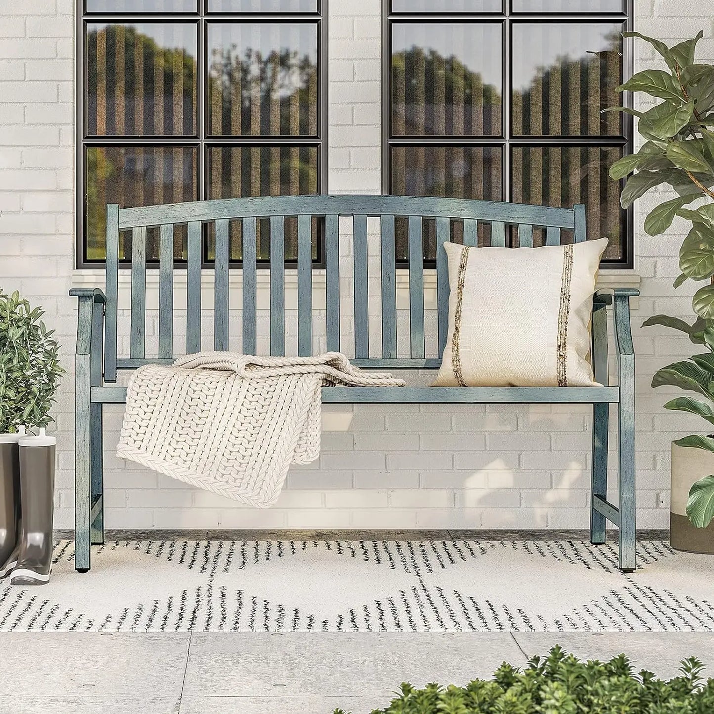 52" Farmhouse Outdoor Bench, Garden Bench with Faux Wood Grain Finish Frame and Aluminum Backrest, for Front Porch