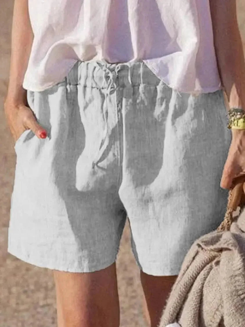Casual Cotton Linen Loose Women's Shorts Belted Pure Color Elastic Waist Comfortable Fit Summer Fashion Female Pants
