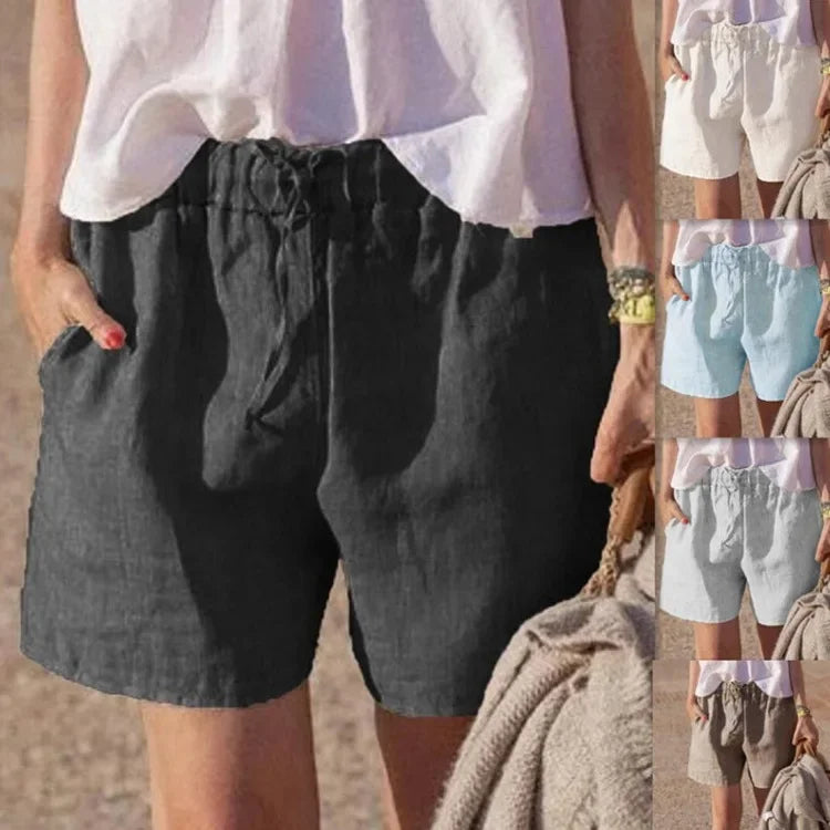 Casual Cotton Linen Loose Women's Shorts Belted Pure Color Elastic Waist Comfortable Fit Summer Fashion Female Pants