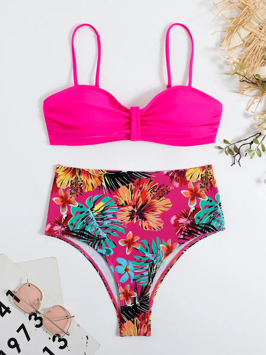 Sexy Solid Bandeau Bikini Set Women Tropical Printed Swimwear Female Push Up Swimsuit High Waist Bathing Suit Tie Back Beachwear