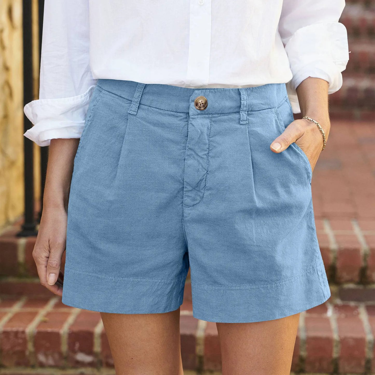 Solid Color Regular Zipper And Button High Waist Soft Stretch Twill Short Side Pockets Shorts Fashion Versatile Outdoor Pants