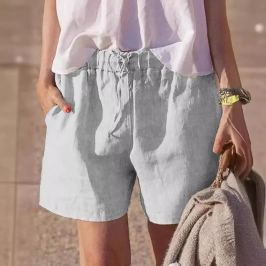 Casual Cotton Linen Loose Women's Shorts Belted Pure Color Elastic Waist Comfortable Fit Summer Fashion Female Pants