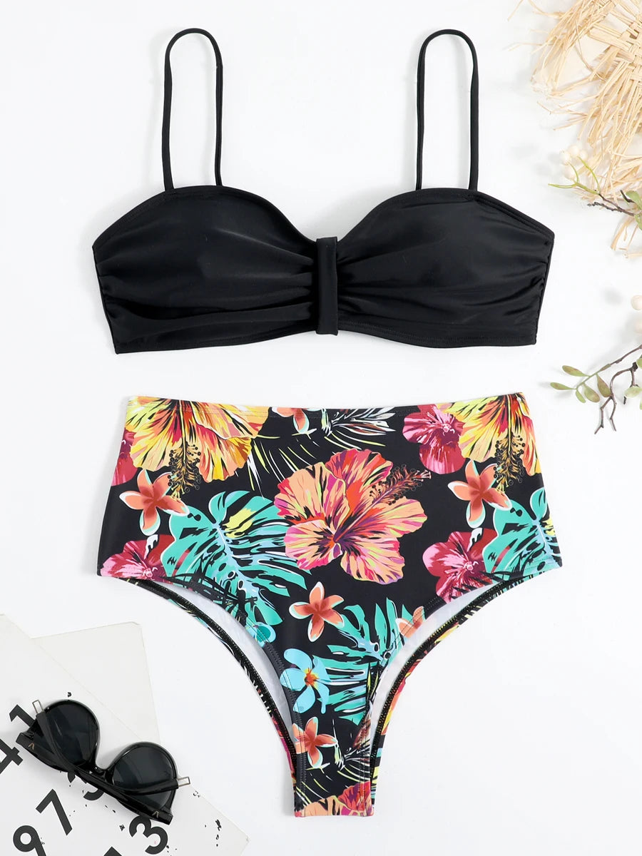 Sexy Solid Bandeau Bikini Set Women Tropical Printed Swimwear Female Push Up Swimsuit High Waist Bathing Suit Tie Back Beachwear