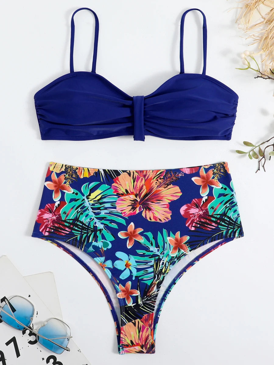 Sexy Solid Bandeau Bikini Set Women Tropical Printed Swimwear Female Push Up Swimsuit High Waist Bathing Suit Tie Back Beachwear