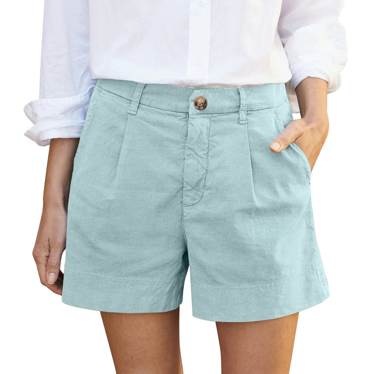 Solid Color Regular Zipper And Button High Waist Soft Stretch Twill Short Side Pockets Shorts Fashion Versatile Outdoor Pants