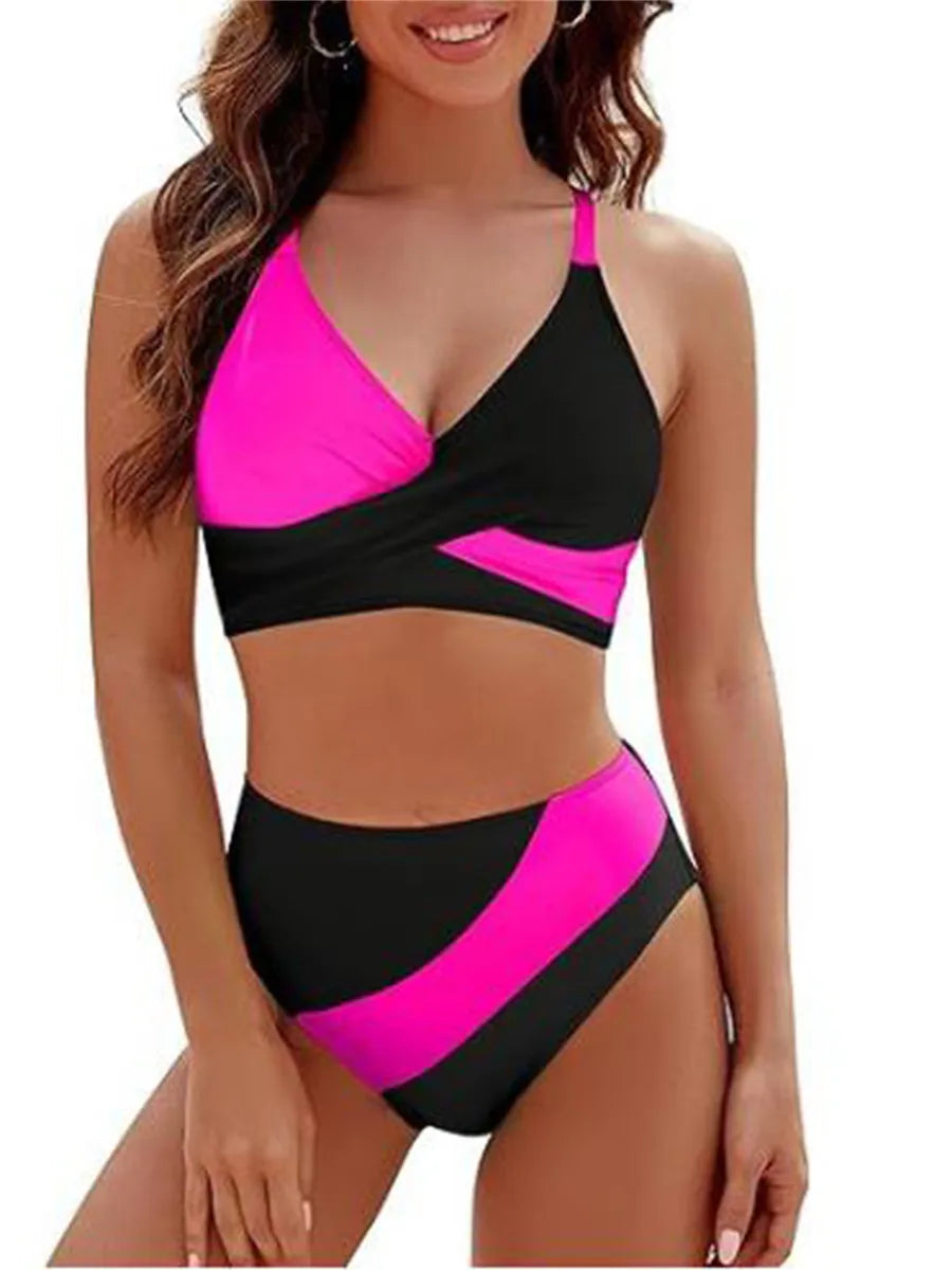 Women 2 Pieces Bikini Set Patchwork V-Neck Sleeveless Tops Thong Bottoms Beach Bathing Suit for Women