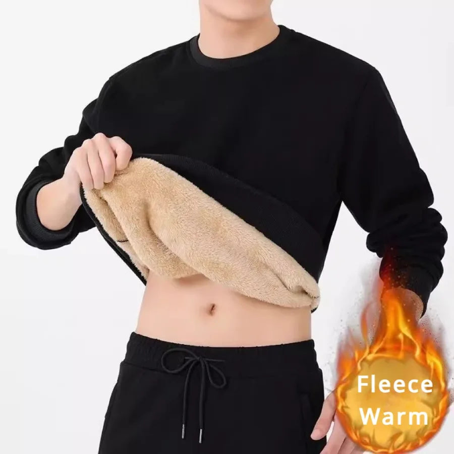 Winter Men Fleece Sweatshirts Keep Warm Underwear Casual Solid Color Pullover Lambswool O-neck Thickened Thermal Underwear Tops