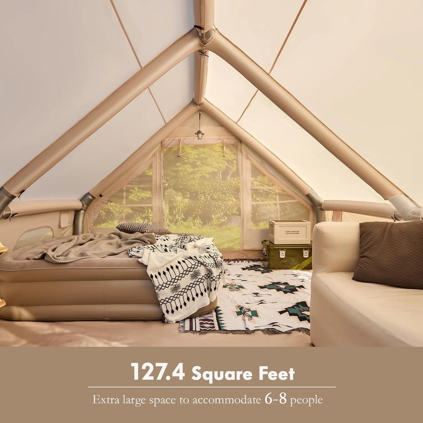 Inflatable Camping Tents 8-10 Person ,129 Sqft Large Inflatable Camping Tent with Stove Jack,Blow up Tent With Mesh Windows