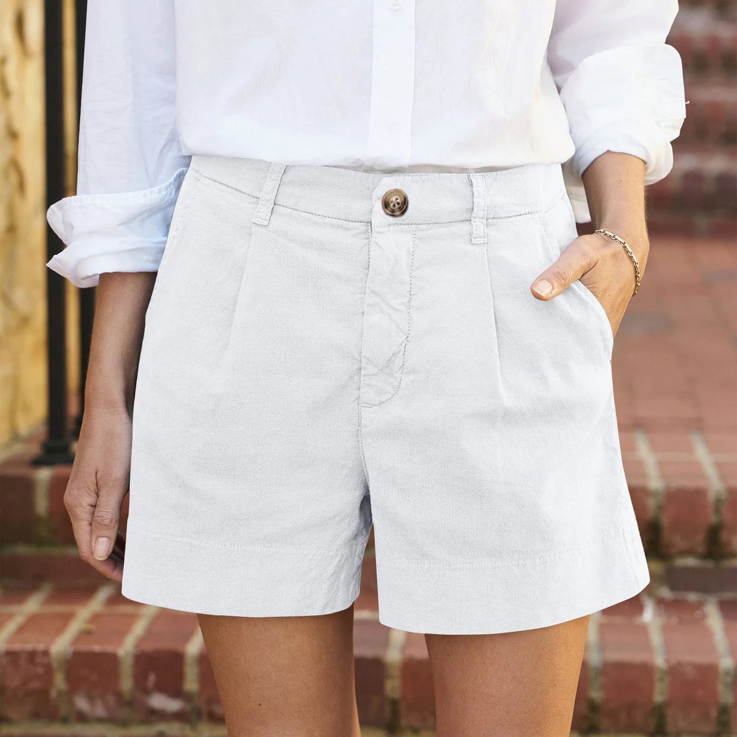 Solid Color Regular Zipper And Button High Waist Soft Stretch Twill Short Side Pockets Shorts Fashion Versatile Outdoor Pants