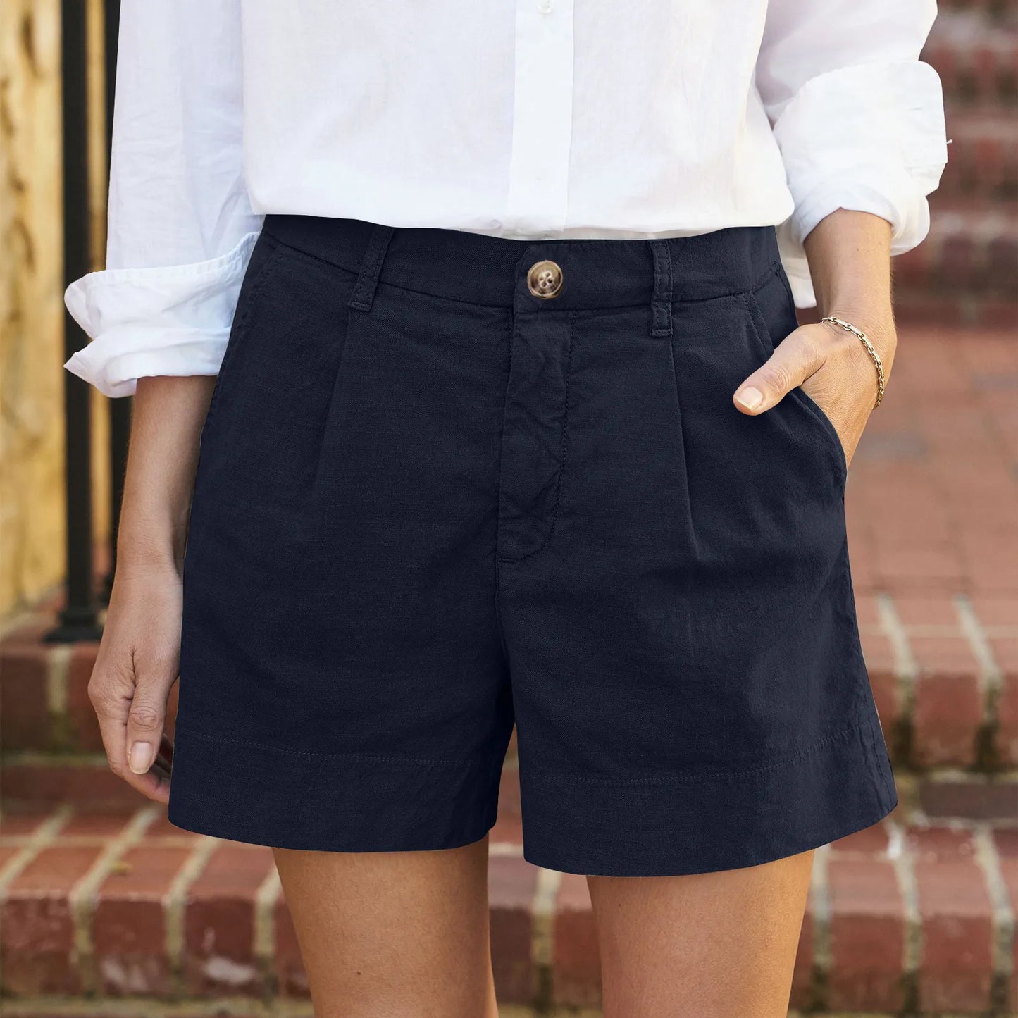 Solid Color Regular Zipper And Button High Waist Soft Stretch Twill Short Side Pockets Shorts Fashion Versatile Outdoor Pants