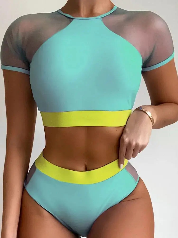 Vigorshely High waist Swimwear Women Sexy Mesh Hollow Bikini 2025 Push up Swimsuit Female Brazilian Bikini Set Bathing Suit Swim