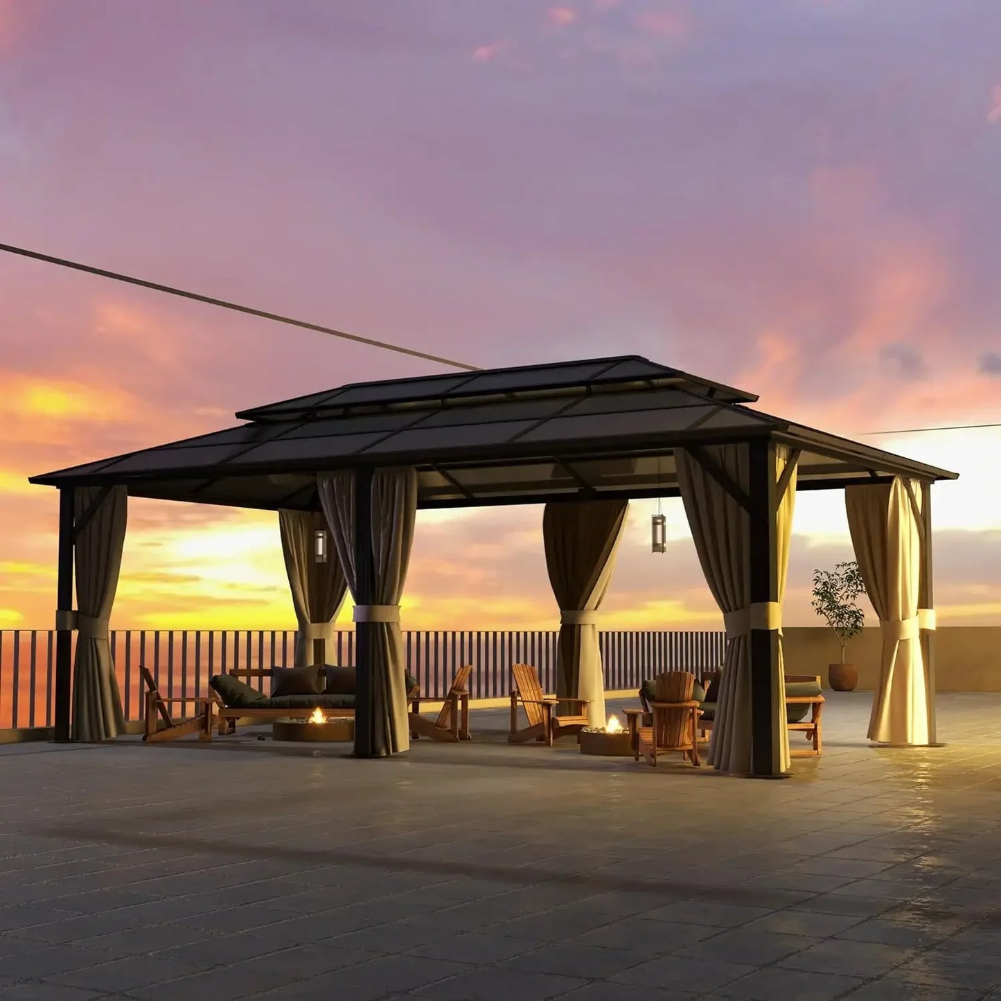 Gazebo, 12'x16' Hardtop Outdoor Polycarbonate Double Roof Canopy, Aluminum Frame Permanent Pavilion, Lawns, Gazebo