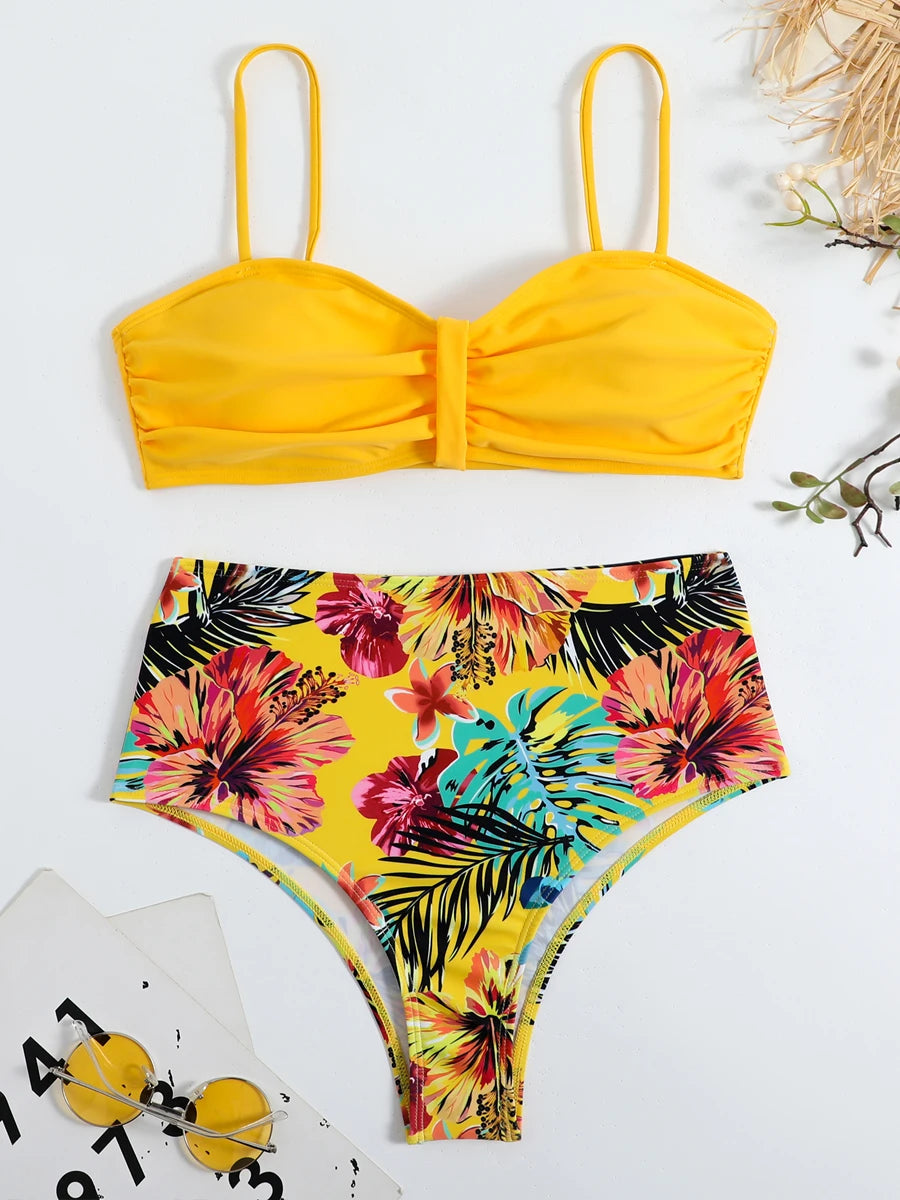 Sexy Solid Bandeau Bikini Set Women Tropical Printed Swimwear Female Push Up Swimsuit High Waist Bathing Suit Tie Back Beachwear