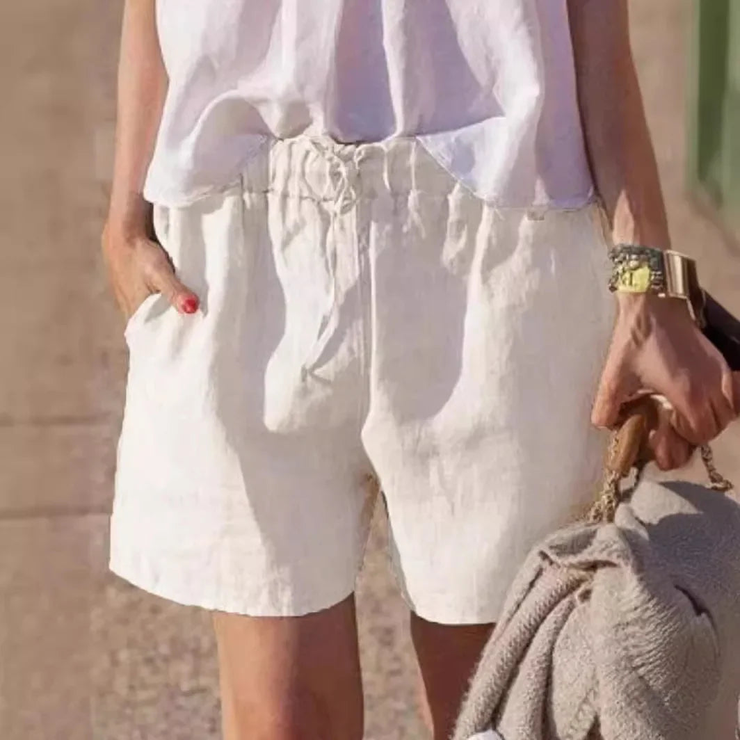Casual Cotton Linen Loose Women's Shorts Belted Pure Color Elastic Waist Comfortable Fit Summer Fashion Female Pants