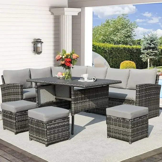 Patio Furniture Set, 7 Pieces Wicker Outdoor Sectional Sofa with High Table and Chairs, Dining Set with Ottoman for Garden