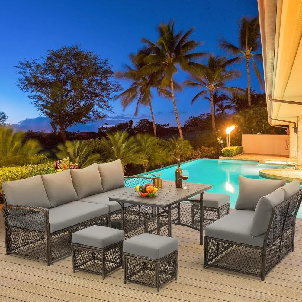 Patio Furniture Set, 7 Pieces Wicker Outdoor Sectional Sofa with High Table and Chairs, Dining Set with Ottoman for Garden