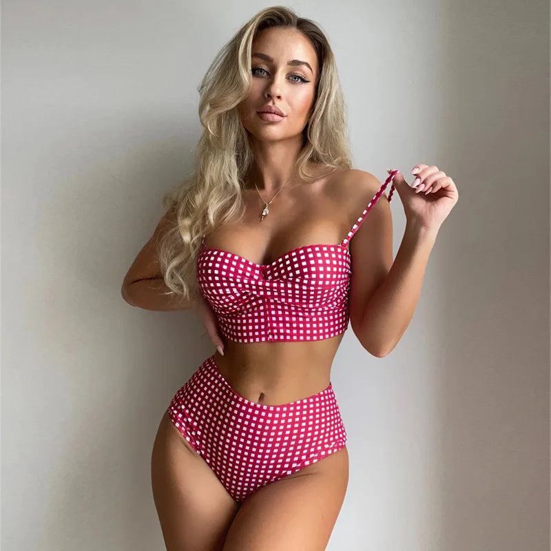 New Swimsuits for Women European and American Plaid High Waist Swimsuit Comfortable Breathable Swimsuit Set