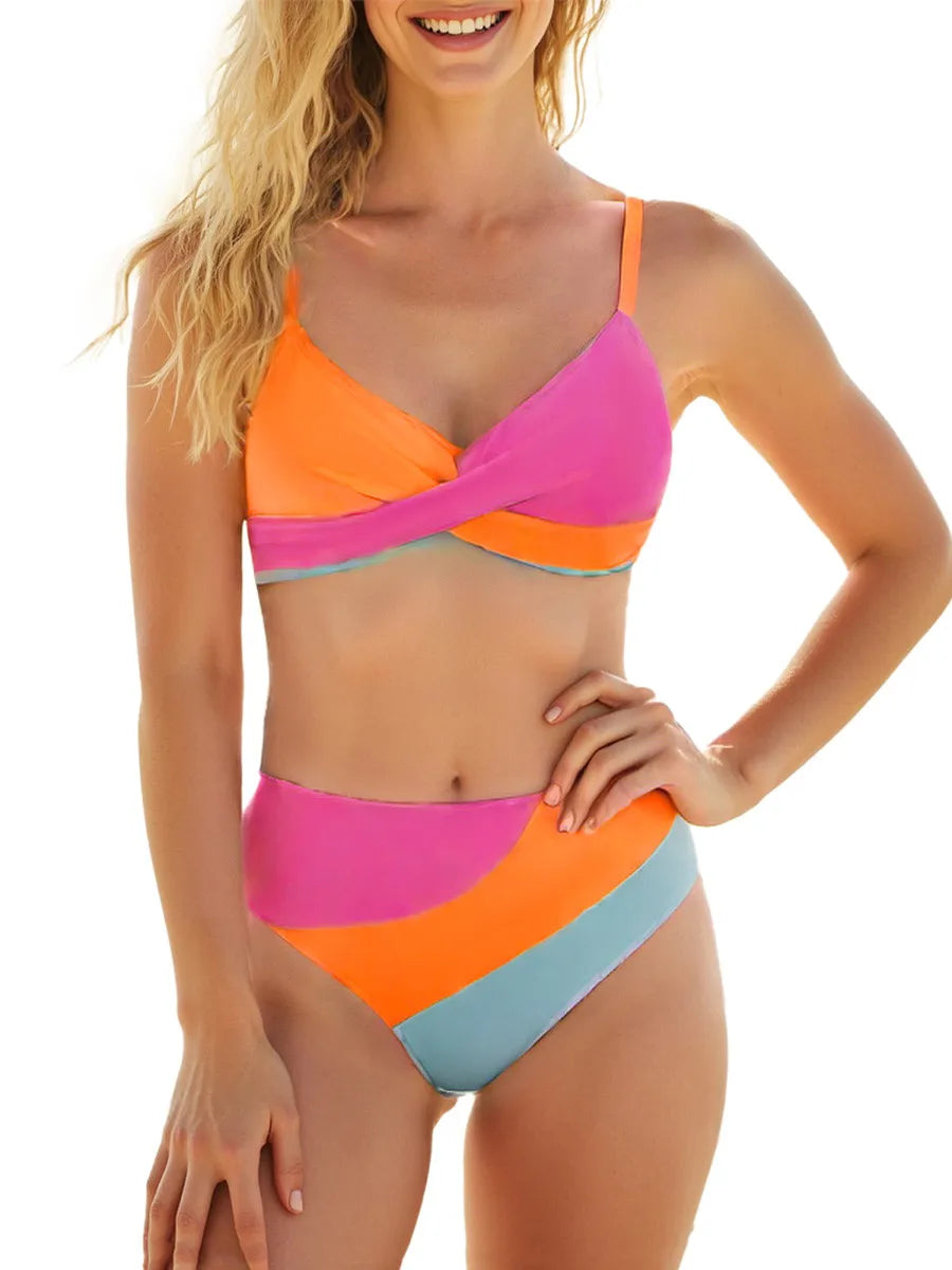 Women 2 Pieces Bikini Set Patchwork V-Neck Sleeveless Tops Thong Bottoms Beach Bathing Suit for Women