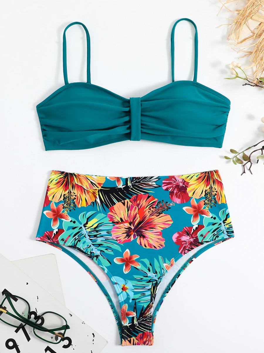 Sexy Solid Bandeau Bikini Set Women Tropical Printed Swimwear Female Push Up Swimsuit High Waist Bathing Suit Tie Back Beachwear