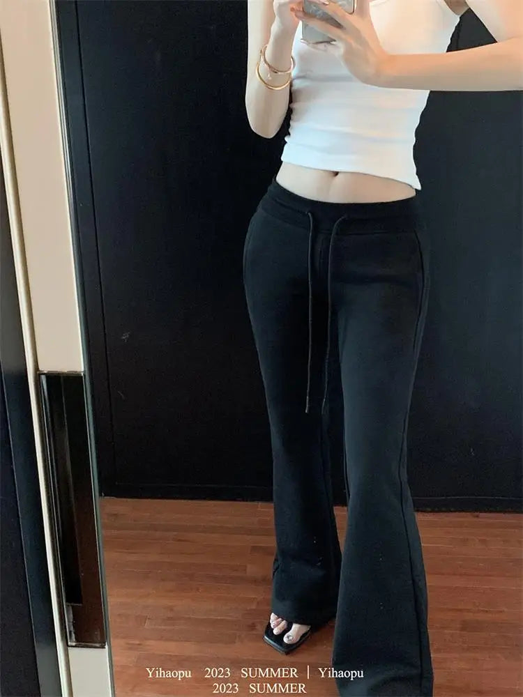 Autumn Winter Sweatpants Low-waisted Trousers Black Grey Drawstring Flare Pants Streetwear High Quality Women Long Pants