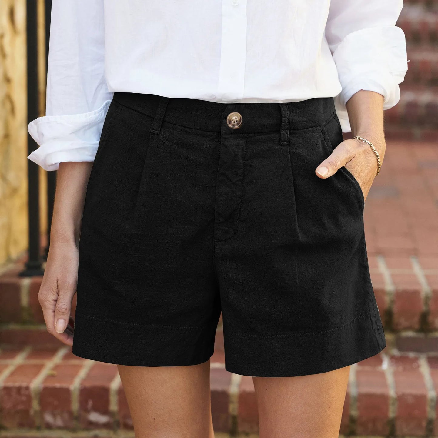 Solid Color Regular Zipper And Button High Waist Soft Stretch Twill Short Side Pockets Shorts Fashion Versatile Outdoor Pants