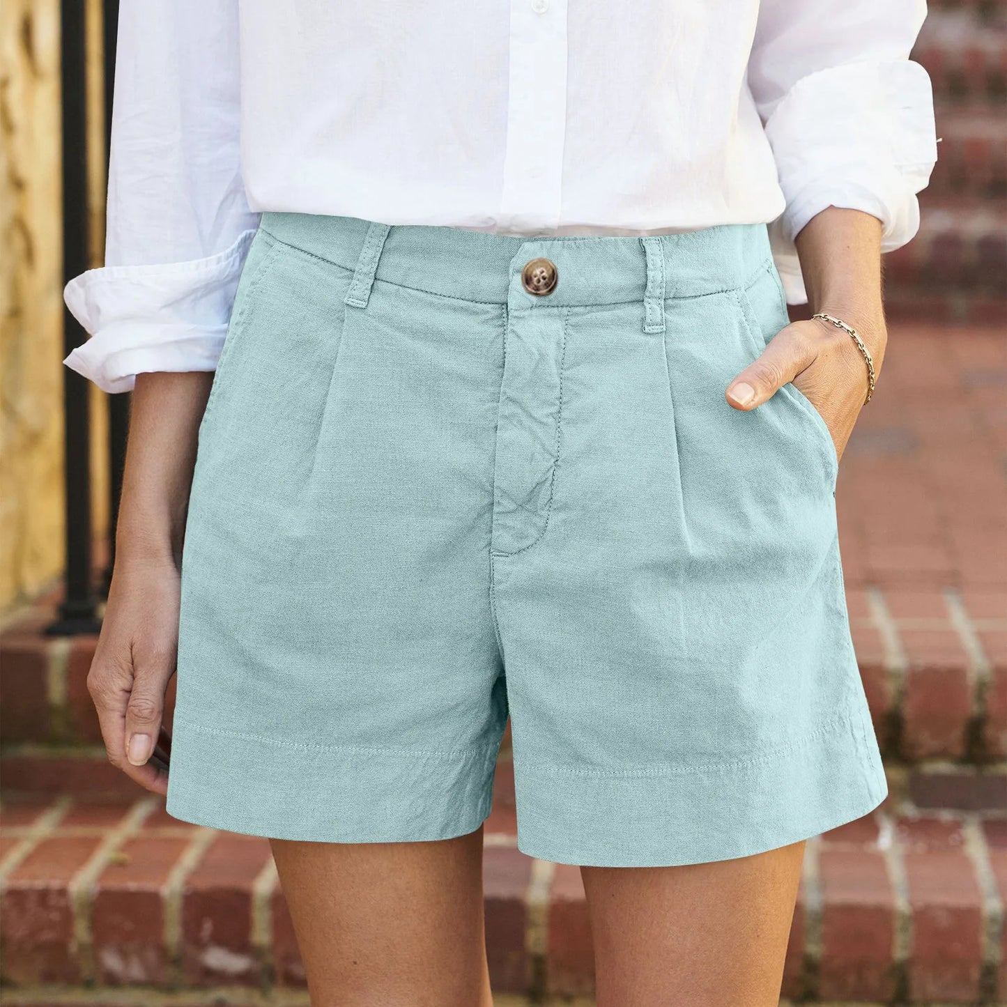 Solid Color Regular Zipper And Button High Waist Soft Stretch Twill Short Side Pockets Shorts Fashion Versatile Outdoor Pants