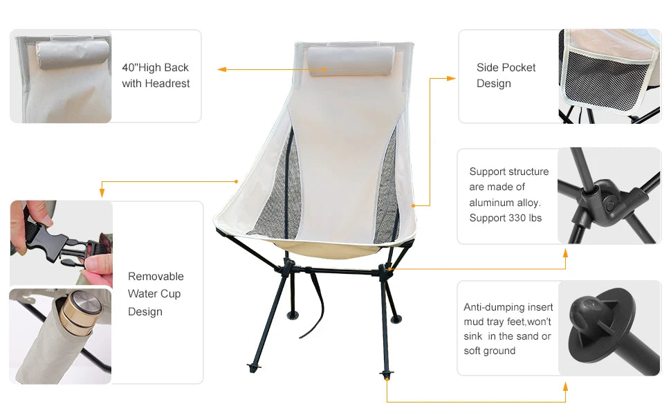 Portable Folding Camping Chair with Headrest Lightweight Tourist Chairs Aluminum Alloy Fishing Chair Outdoor Furniture
