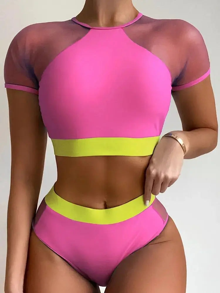 Vigorshely High waist Swimwear Women Sexy Mesh Hollow Bikini 2025 Push up Swimsuit Female Brazilian Bikini Set Bathing Suit Swim