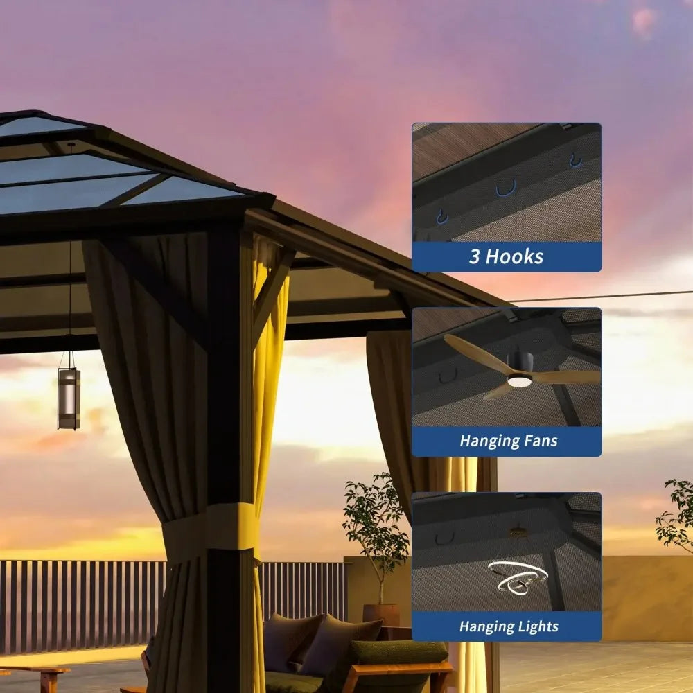 Gazebo, 12'x16' Hardtop Outdoor Polycarbonate Double Roof Canopy, Aluminum Frame Permanent Pavilion, Lawns, Gazebo