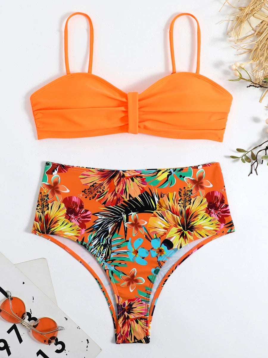 Sexy Solid Bandeau Bikini Set Women Tropical Printed Swimwear Female Push Up Swimsuit High Waist Bathing Suit Tie Back Beachwear