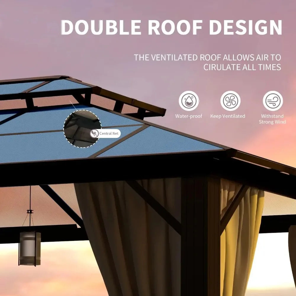 Gazebo, 12'x16' Hardtop Outdoor Polycarbonate Double Roof Canopy, Aluminum Frame Permanent Pavilion, Lawns, Gazebo
