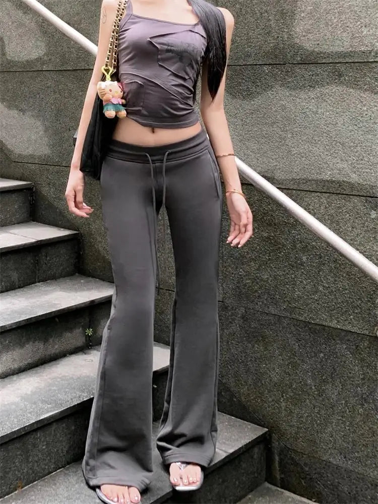 Autumn Winter Sweatpants Low-waisted Trousers Black Grey Drawstring Flare Pants Streetwear High Quality Women Long Pants