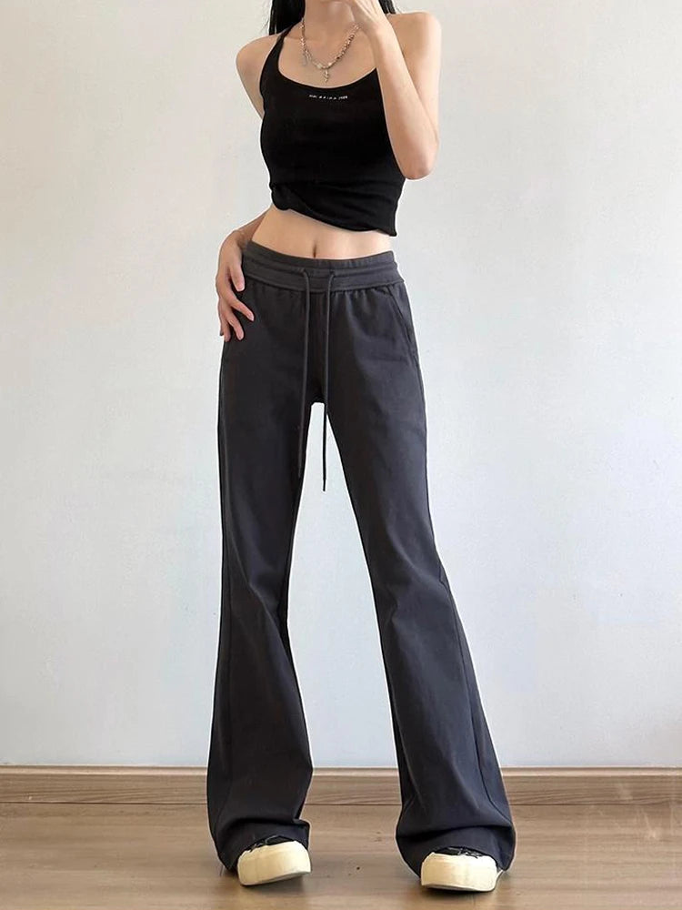 Autumn Winter Sweatpants Low-waisted Trousers Black Grey Drawstring Flare Pants Streetwear High Quality Women Long Pants