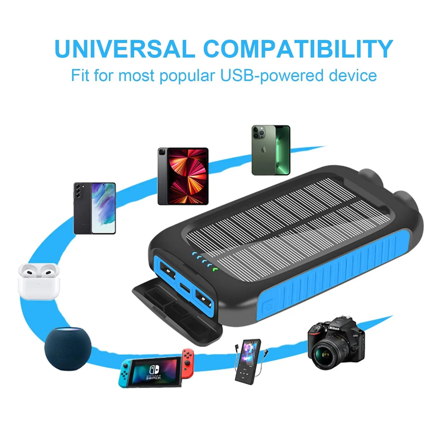 10000mAh Solar Power Bank Portable Waterproof Fast Charge Dual USB Outdoor Charger LED Light for Camping Hiking Travel