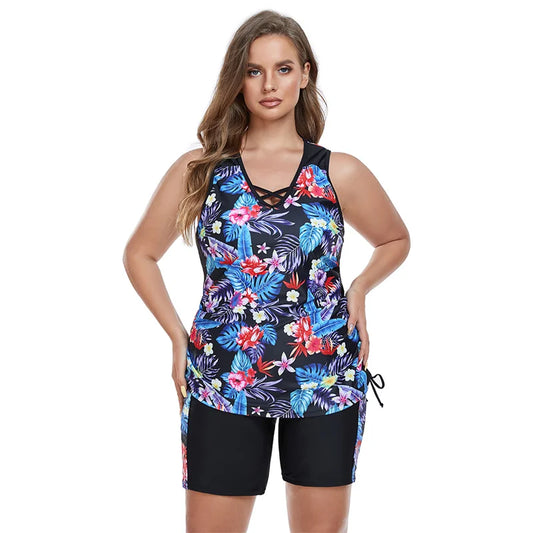 Plus Size Swimsuits Two Piece Women Tankini Floral Print Athletic Bathing Suits Tummy Control Modest Swimwear with Boyshort